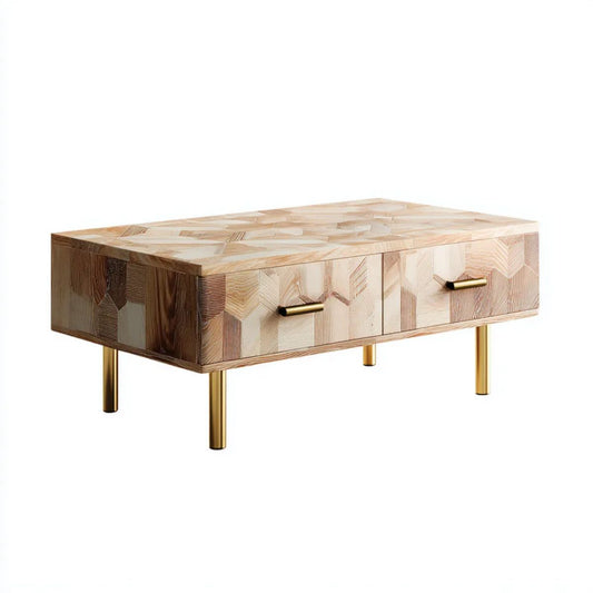 Stolik kawowy, Naturalny prostokątny MDF Obity stół do kawy z 2 szufladami, 110 x 60 x 40 cm