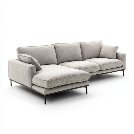 Sofa, Kanapa narożna z krzesełkiem z lewym, jasnoszarym, 280 x 160 x 85 cm, poliestrowa stal L kształt
