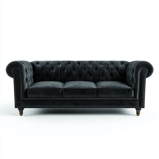 Sofa, Kanapa Chesterfield 3 fotele czarne 230 x 90 x 78 cm aksamit prostokątnego poliestru
